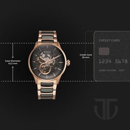 Titan Ceramic Fusion Automatic Black Dial Rose Gold Dual-Toned Stainless Steel Bracelet Watch for Men