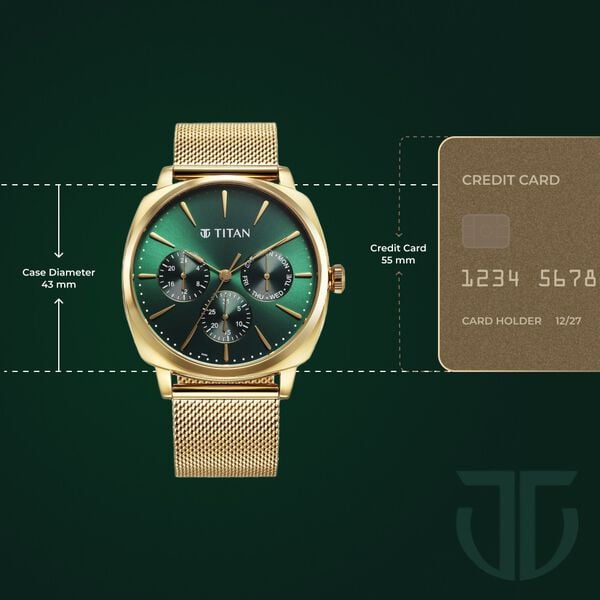 Titan Classique Suave Quartz Green Dial Golden Stainless Steel Mesh Strap Watch for Men