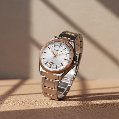 Titan Classique Big Date Analog with Silver Dial Dual Tone Stainless Steel Strap Watch for Men