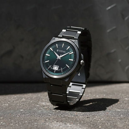 Titan Classique Big Date Analog with Green Dial Dark Gun Stainless Steel Strap Watch for Men