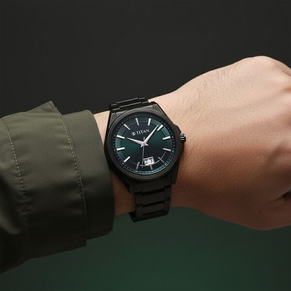 Titan Classique Big Date Analog with Green Dial Dark Gun Stainless Steel Strap Watch for Men