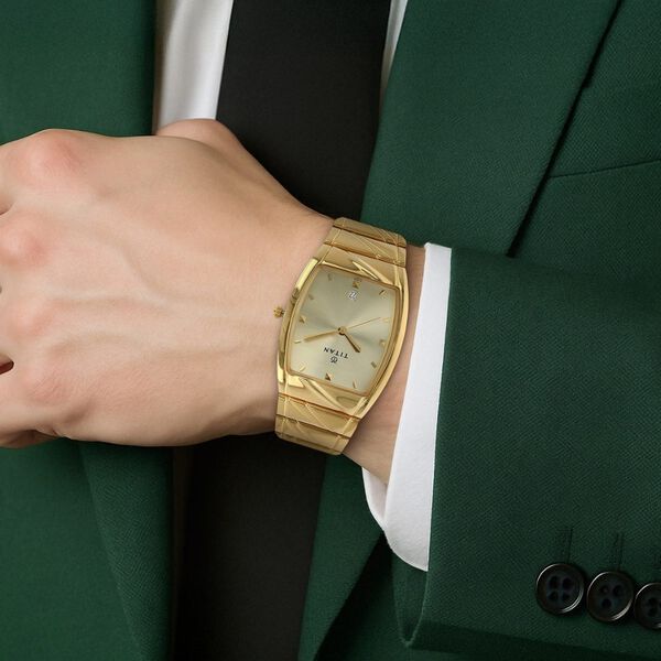 Titan Rectangle Champagne Dial Analog with Date Stainless Steel Strap watch for Men