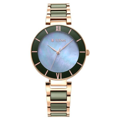 Purple Ceramics Green Dial Steel & Ceramic Strap Watch for Women