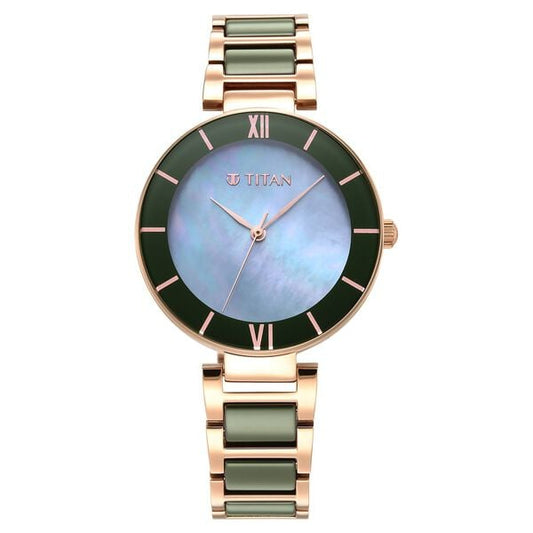 Purple Ceramics Green Dial Steel & Ceramic Strap Watch for Women