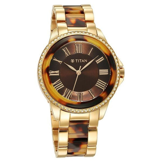 Titan Purple Ceramics Brown Dial Analog Stainless Steel Strap Watch for Women