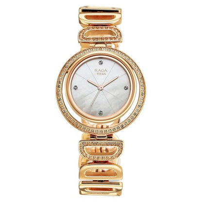 Titan Raga Glimmers Quartz Analog Mother of Pearl Dial Rose Gold Metal Strap Watch For Women