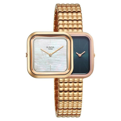 Titan Raga Glimmers Quartz Analog Mother of Pearl Dial Rose Gold Metal Strap Watch For Women