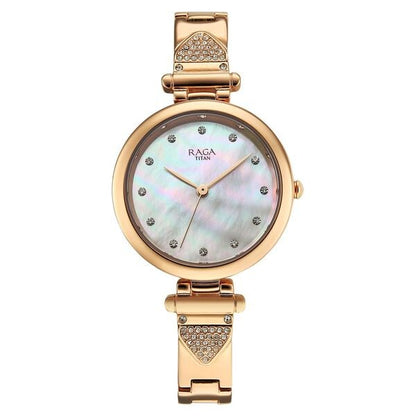 Titan Raga Glimmers Quartz Analog Mother of Pearl Dial Rose Gold Metal Strap Watch For Women