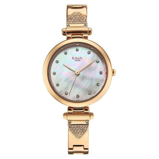 Titan Raga Glimmers Quartz Analog Mother of Pearl Dial Rose Gold Metal Strap Watch For Women