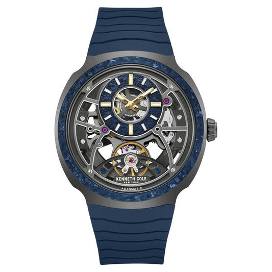 Kenneth Cole Limited Edition Automatic Self Winding and Crystal Titanium Bezel Blue Dial Blue Silicone Strap Watch With The Winder Box For Men KCWGZ0104701MNW