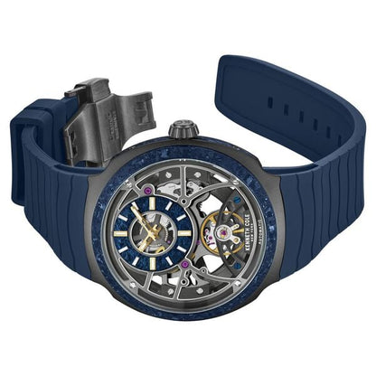 Kenneth Cole Limited Edition Automatic Self Winding and Crystal Titanium Bezel Blue Dial Blue Silicone Strap Watch With The Winder Box For Men KCWGZ0104701MNW