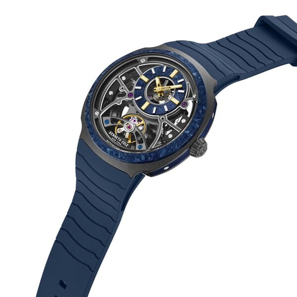 Kenneth Cole Limited Edition Automatic Self Winding and Crystal Titanium Bezel Blue Dial Blue Silicone Strap Watch With The Winder Box For Men KCWGZ0104701MNW