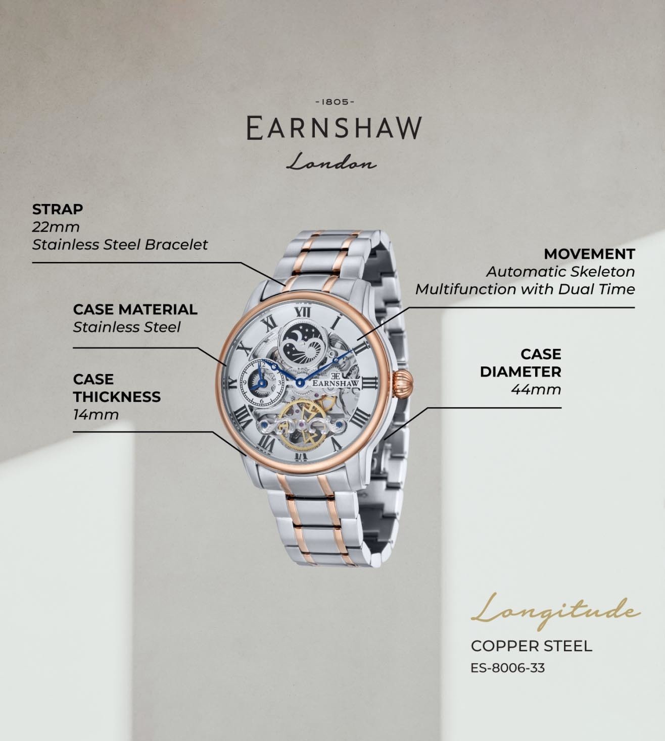 ES-8006-33 Longitude Automatic Skeleton Dual Time Multifunction Watch for Men