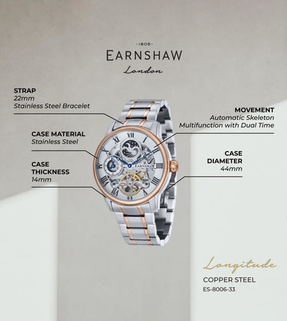 ES-8006-33 Longitude Automatic Skeleton Dual Time Multifunction Watch for Men
