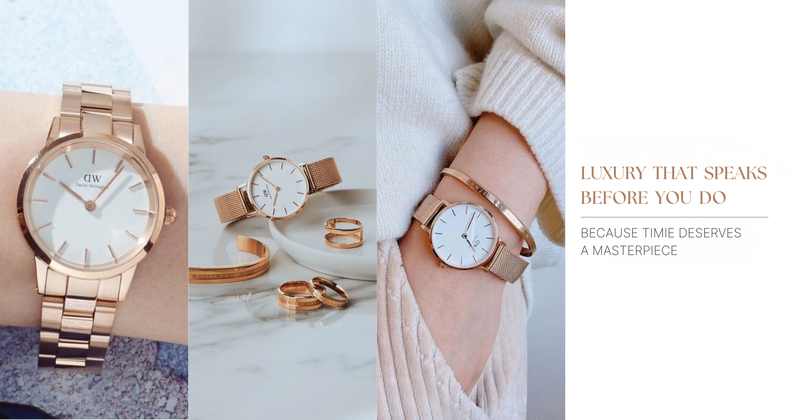 Gold watch on a wrist with jewelry, text about luxury watches.