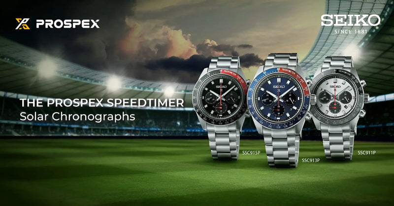 Three Prospex Seiko watches on a sports field background with stadium lights.