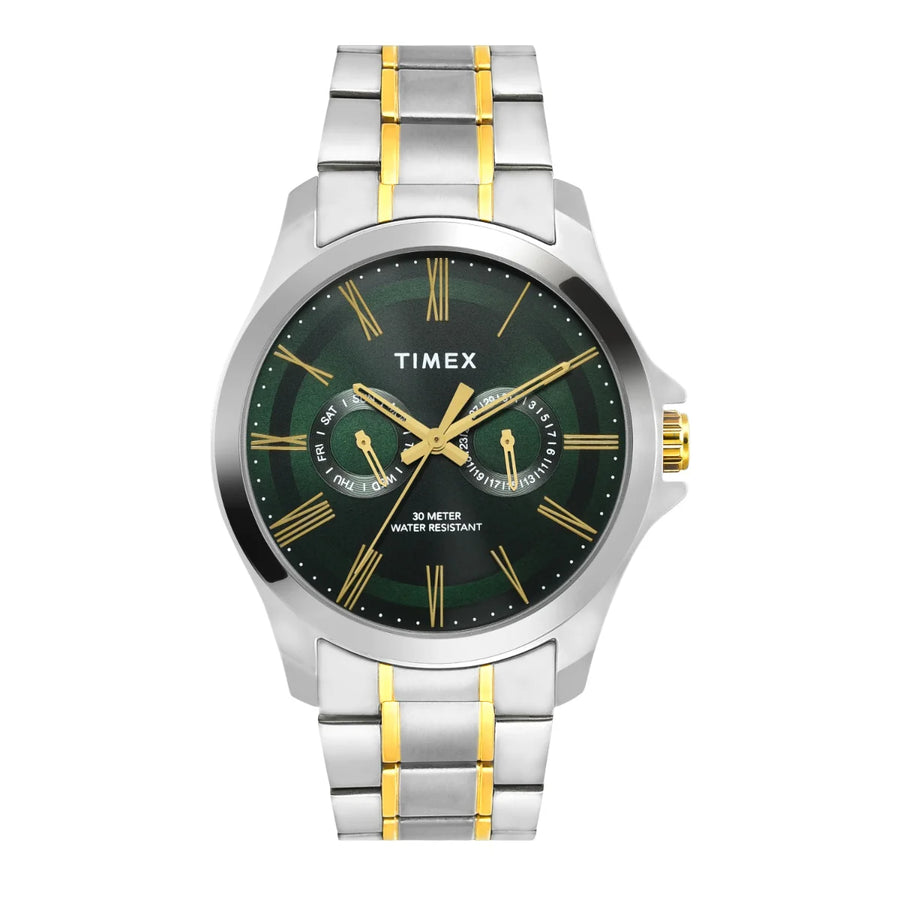 Timex Men Analog Green Round Brass Dial Watch