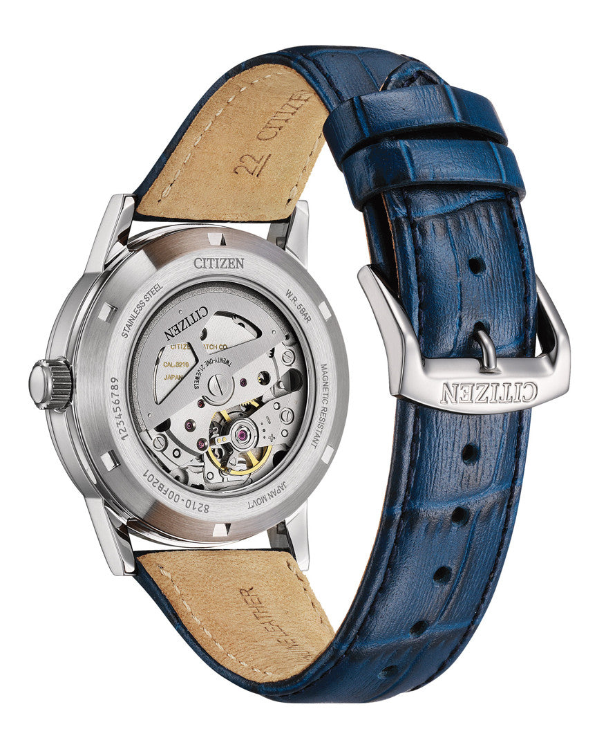 Men Automatic Blue Dial Analog Leather Watch NJ0210-13L