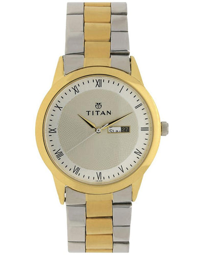 Titan Quartz Analog with Day and Date Champagne Dial Two Toned Stainless Steel Strap Watch For Men