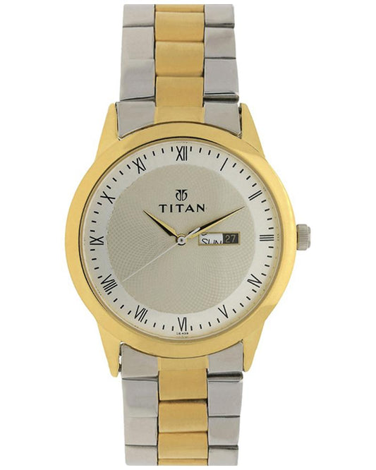 Titan Quartz Analog with Day and Date Champagne Dial Two Toned Stainless Steel Strap Watch For Men