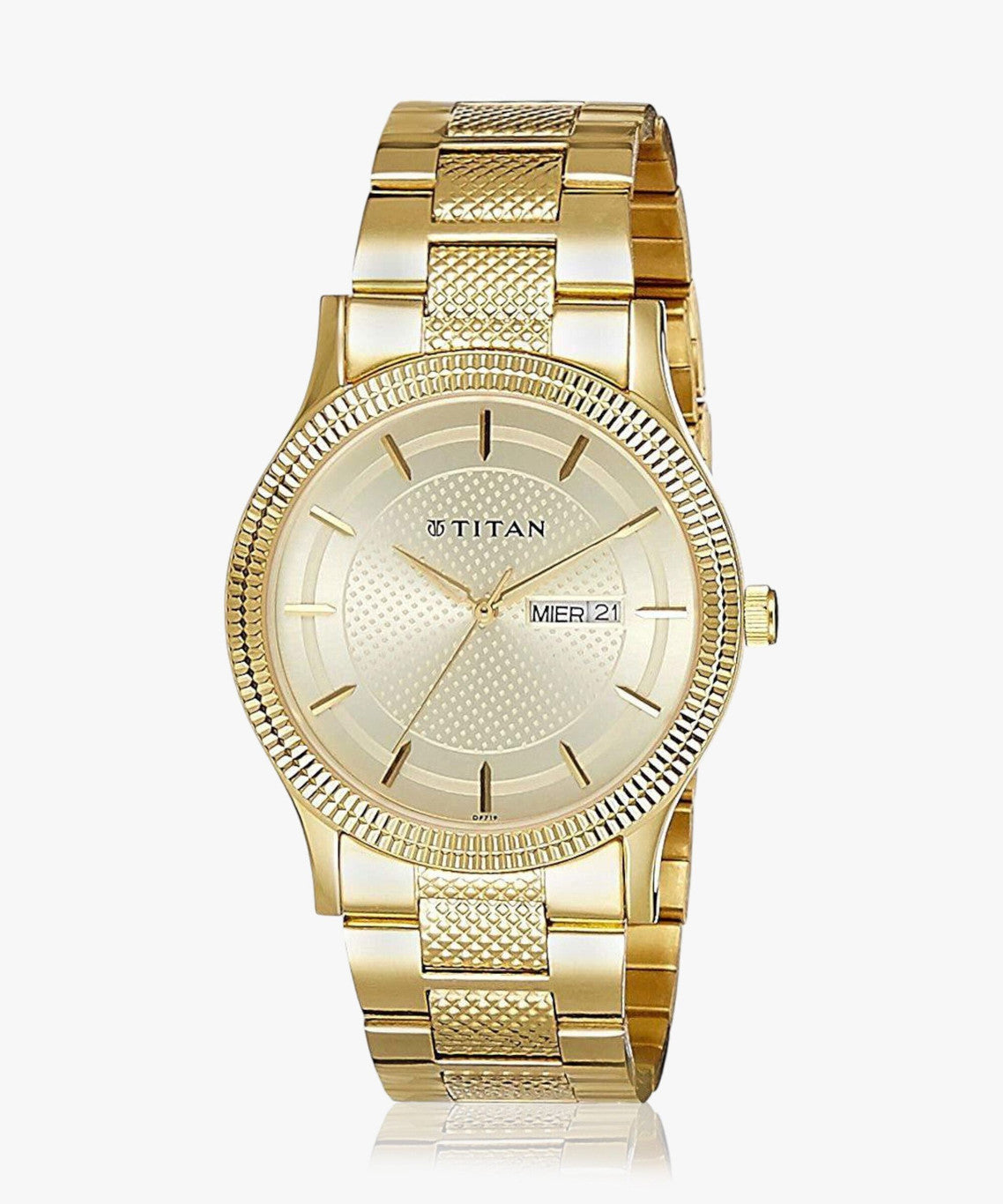 Titan Analog with Day and Date Quartz Champagne Dial Metal Round Stainless Steel Strap watch for Men