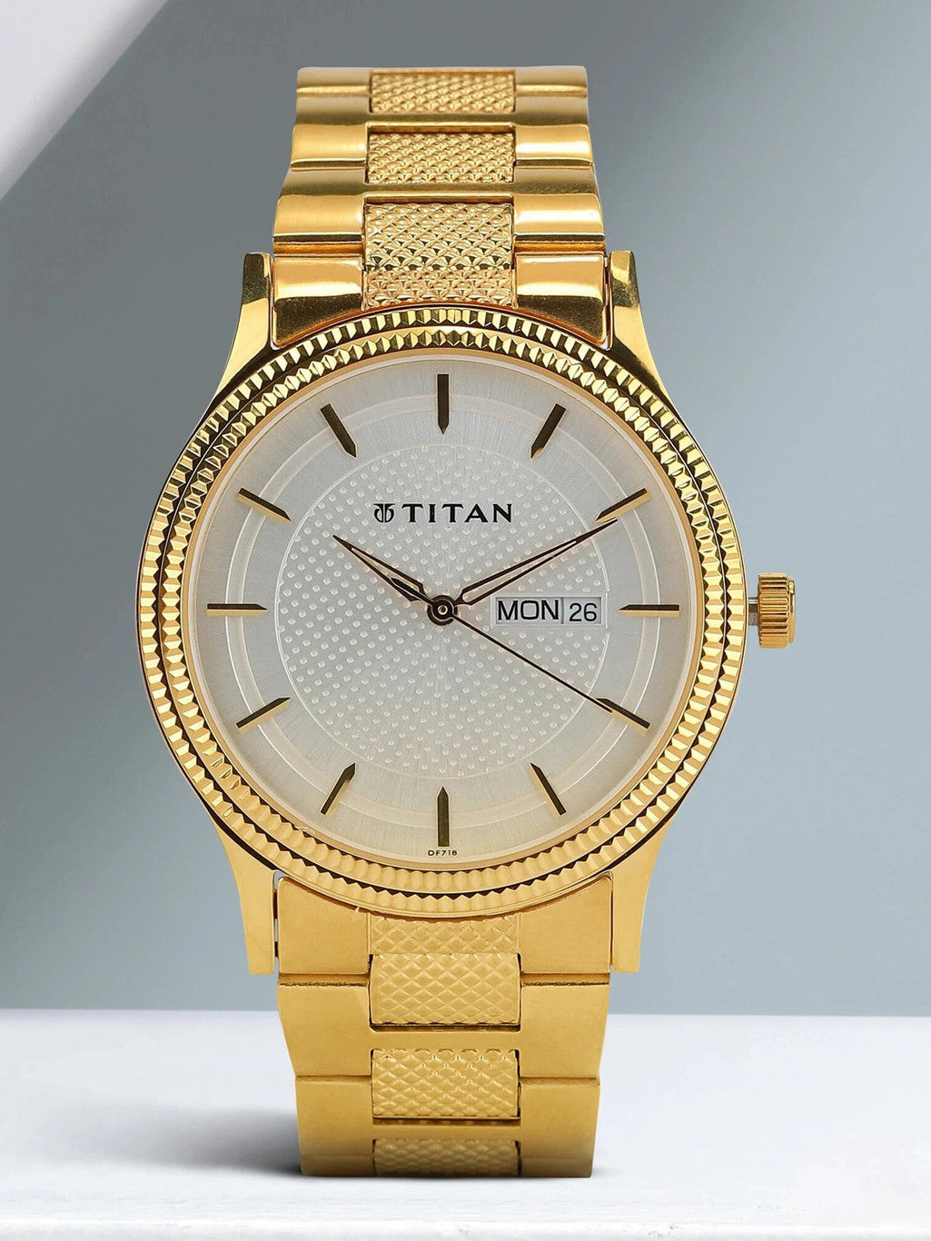 Titan Quartz Analog with Day and Date Silver Dial Golden Stainless Steel Strap Watch For Men