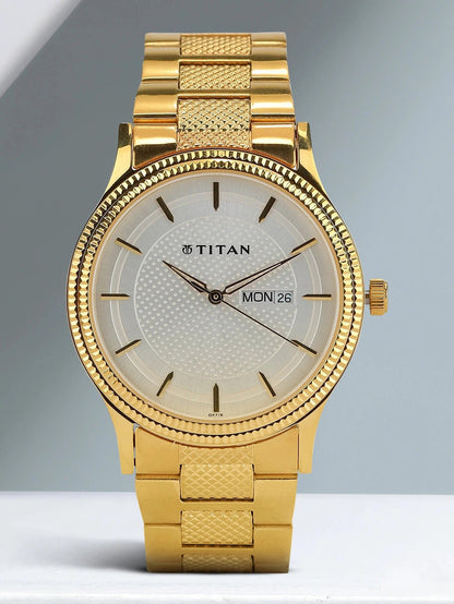 Titan Quartz Analog with Day and Date Silver Dial Golden Stainless Steel Strap Watch For Men
