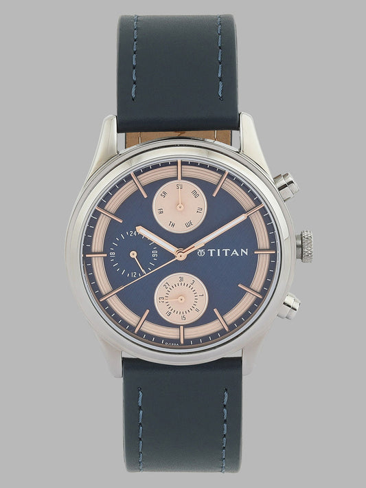 Titan Men's Metropolitan Charm: Men's Multifunctional Blue Watch with Leather Strap