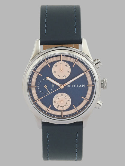 Titan Men's Metropolitan Charm: Men's Multifunctional Blue Watch with Leather Strap