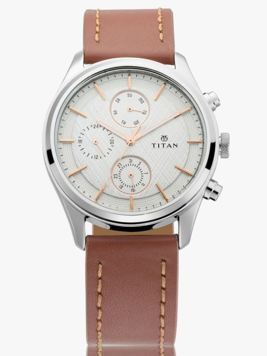 Titan Men's Metropolitan Charm: Men's Multifunctional White Watch with Leather Strap