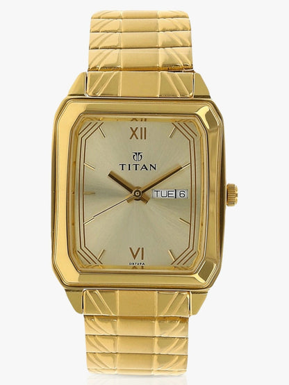 Titan Quartz Analog with Day and Date Champagne Dial Stainless Steel Strap Watch for Men